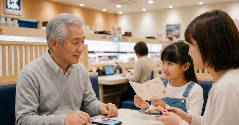 はま寿司の店内で、家族に誕生日を祝われる日本人シニア男性。バースデークーポンを利用して笑顔で食事。