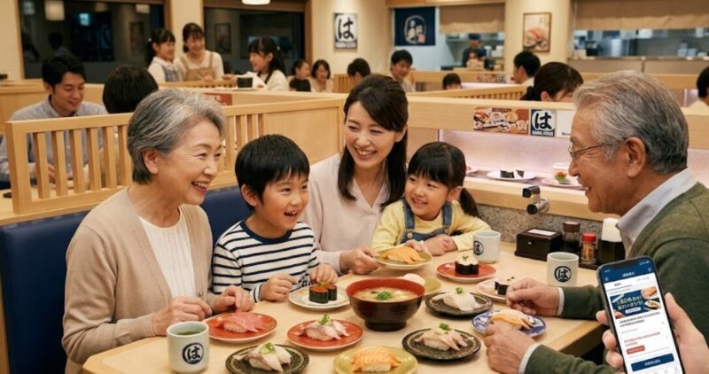 はま寿司のボックス席で、シニア割引を利用して家族三世代で食事を楽しむ日本人家族。笑顔で寿司を囲む。