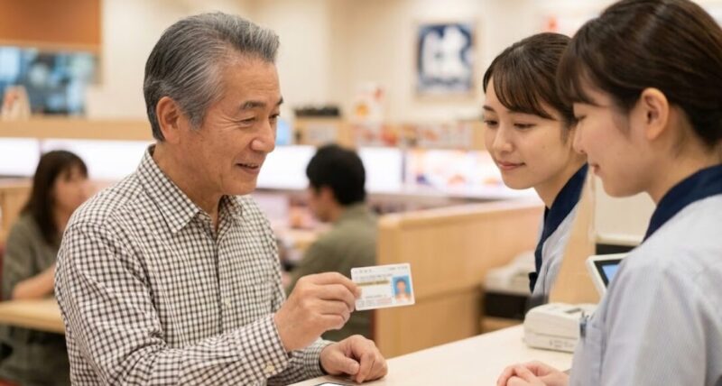 はま寿司のレジカウンターで、運転免許証などの身分証明書を提示してシニア割引の確認を受ける日本人男性。スタッフが丁寧に対応。