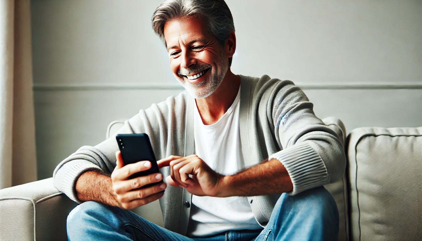 スマホに触れて、ニコニコしている60歳の男性