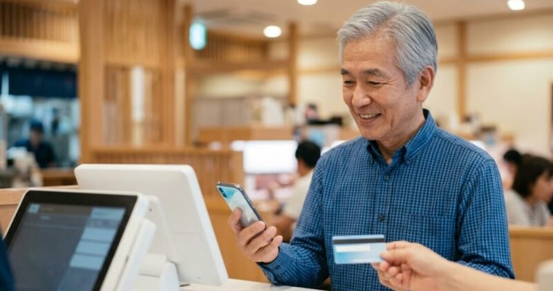 はま寿司のレジで、スマホのクーポンとポイントカードを同時に提示する日本人シニア男性。ポイントの二重取りを実践。