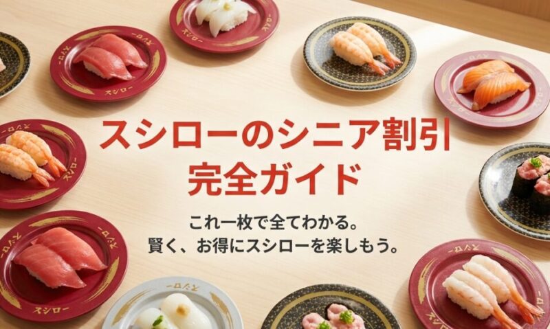 「スシローのシニア割引 完全ガイド これ一枚で全てわかる。賢く、お得にスシローを楽しもう。」というタイトルが書かれた表紙画像