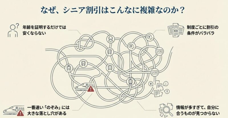 60～64歳、65歳以上、夫婦・グループ旅行それぞれのケースにおける、おすすめの割引制度（早特、ジパング倶楽部、EX予約など）とポイントをまとめた表のスライド。