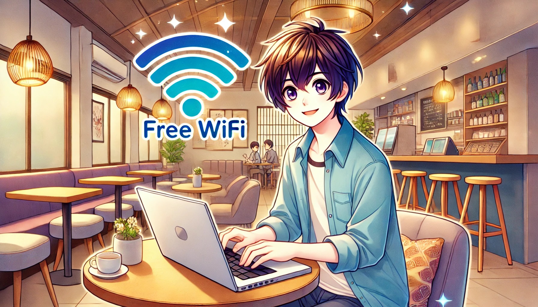 カフェでWiFiを利用する日本人キャラクター