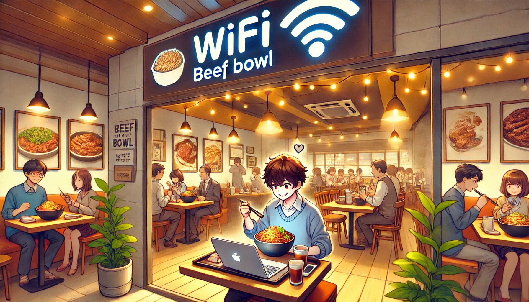 牛丼屋でWiFiを利用している様子