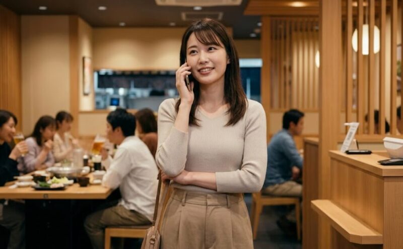 しゃぶ葉の店舗にスマホで電話をかけ、当日予約の確認をする日本人の女性