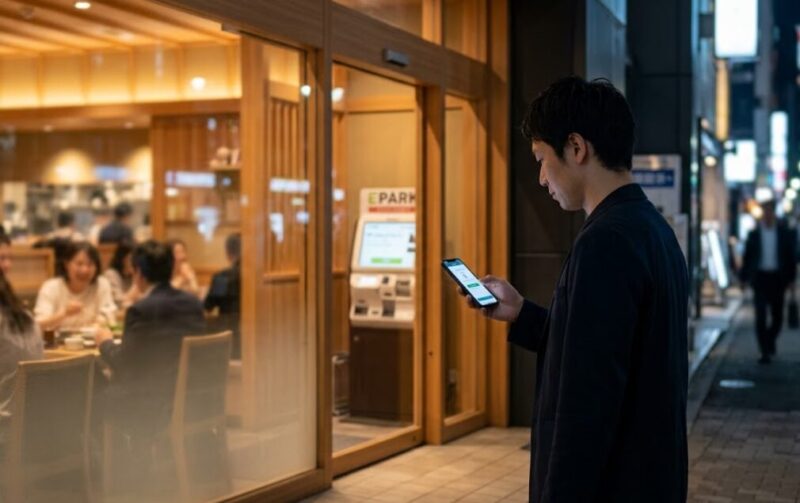 しゃぶ葉の混雑を避け、店外でスマホを使ってEPARKの順番待ち予約をする日本人男性