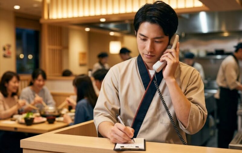 しゃぶ葉の店舗カウンターで電話を受け、当日予約の情報をメモする日本人スタッフ