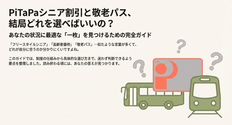 PiTaPaシニア割引と敬老パスの選び方を解説するガイドの表紙。 「あなたに最適な一枚を見つける」というキャッチコピーが書かれています。