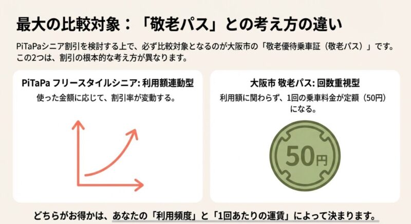 利用額連動型のPiTaPaと、1回50円の定額(回数重視型)である敬老パスの根本的な違いを比較した図。